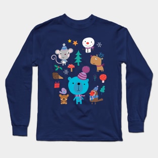 Cute Christmas Animals - Navy, white and mint on forest green - Christmas pattern by Cecca Designs Long Sleeve T-Shirt